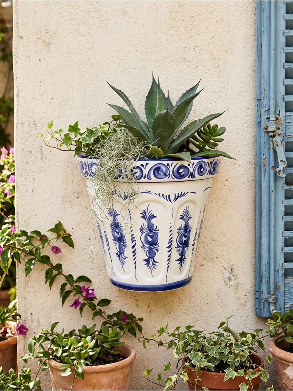 Handpainted white ceramic Hanging Wall planter garden decor